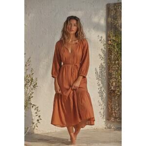 Billabong Crystal Cove Midi Dress NWT M Boho Tiered Bronze Brown Cotton Coastal